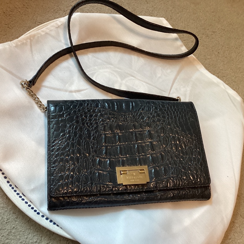 Kate Spade crocodile leather Navy purse bag gold chain crossbody COA EUC blue